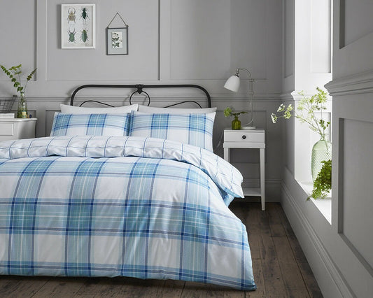 Blue and white check stripe duvet cover set.