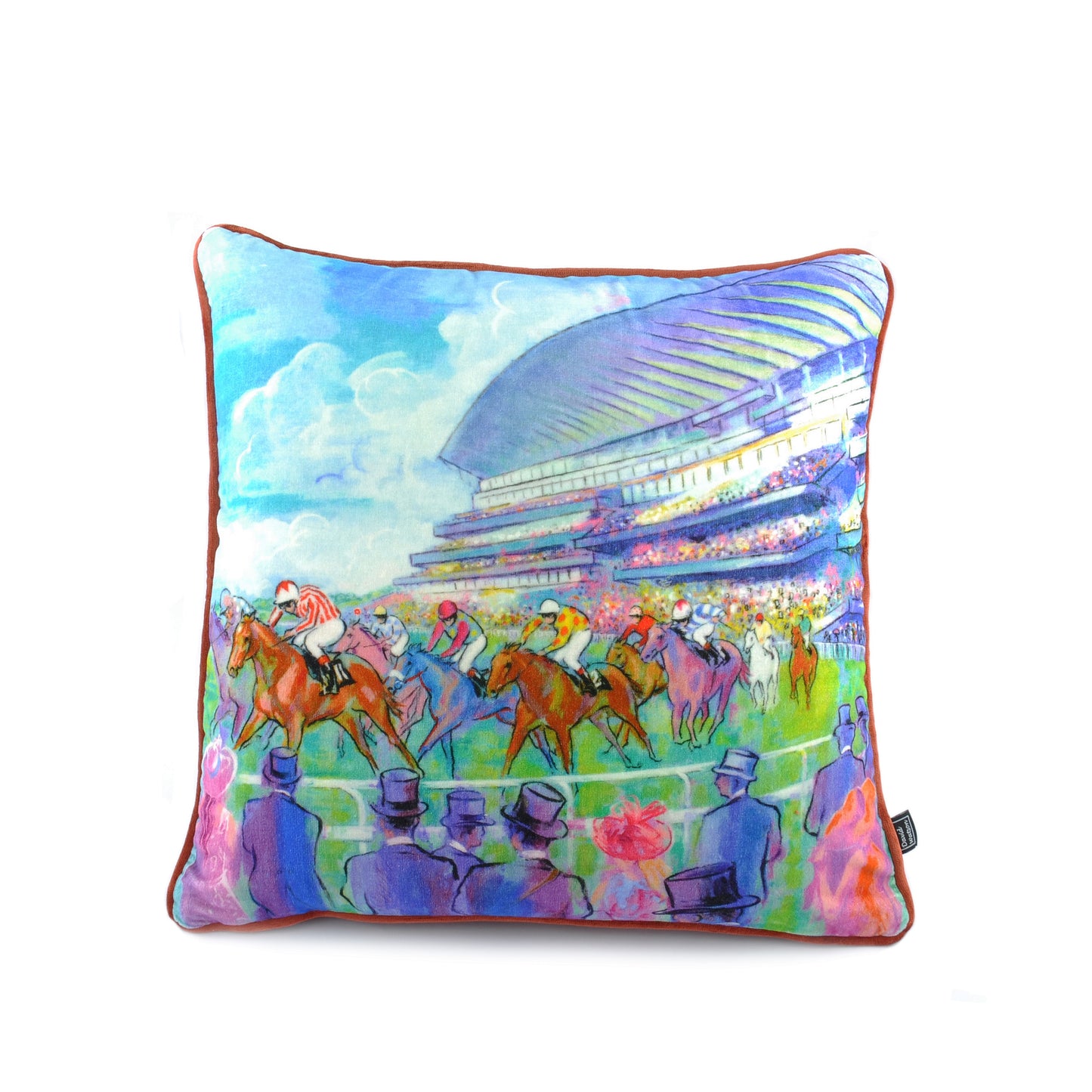 Luxury filled duck feather cushion with cotton velvet cover in a colourful Royal Ascot design of original artwork by Terence J Gilbert, with piped edging.