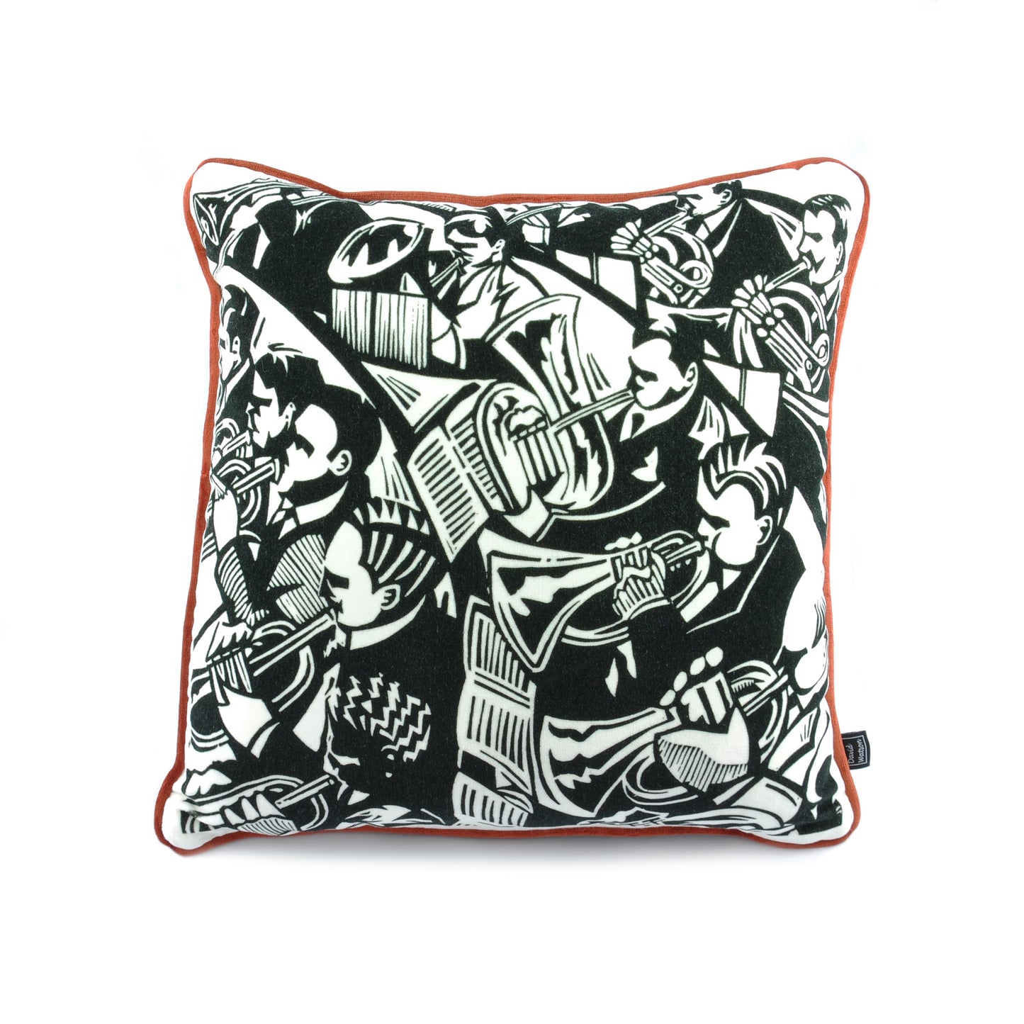 Luxury geo filled duck feather cushion with black and white music band design on cotton velvet cover and contrasting orange piped edging. Illustrations from Paul Cleden.