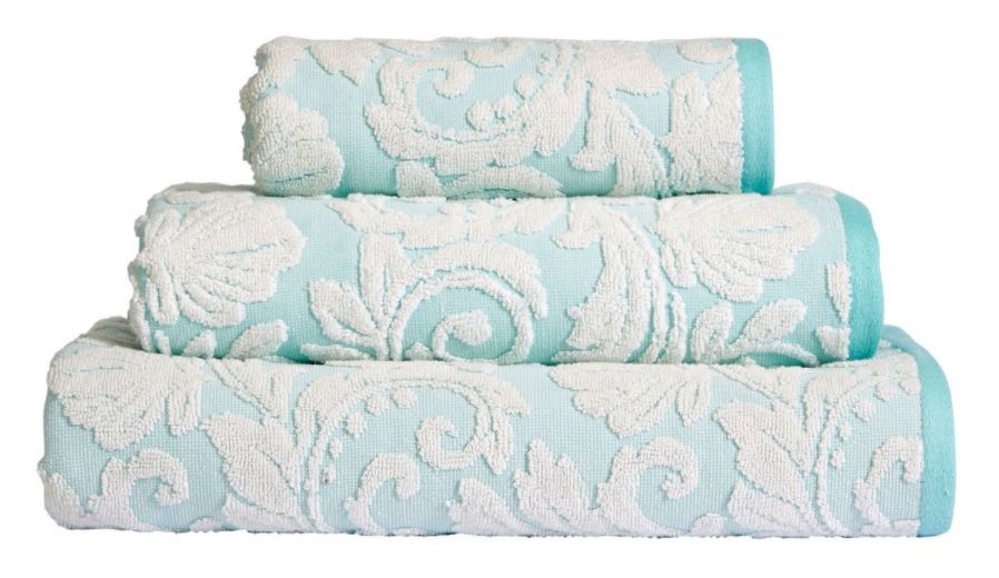 Aqua and white floral jacquard 100% Turkish ringspun cotton hand towel with a 600gsm weight.