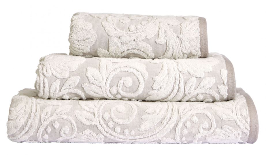 Beige floral jacquard 600gsm Turkish ringspun cotton bath towel.
