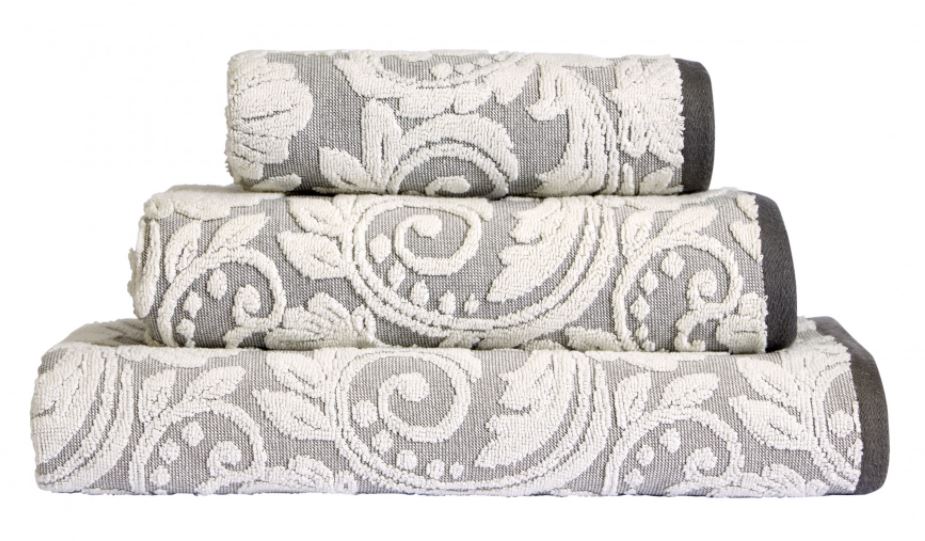 Grey and ivory floral jacquard 100% Turkish ringspun cotton bath sheet with a generous 600gsm weight.