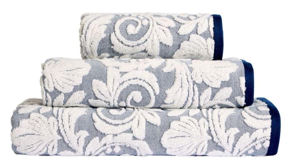 Navy and white floral jacquard design 100% Turkish ringspun cotton towels with a generous 600gsm weight.