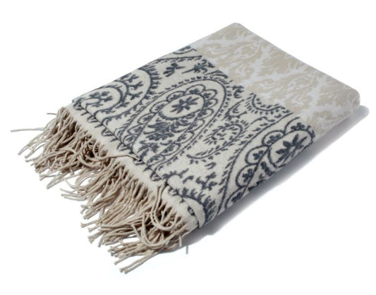 Cotton rich, classic styled fringed Paisley throw.