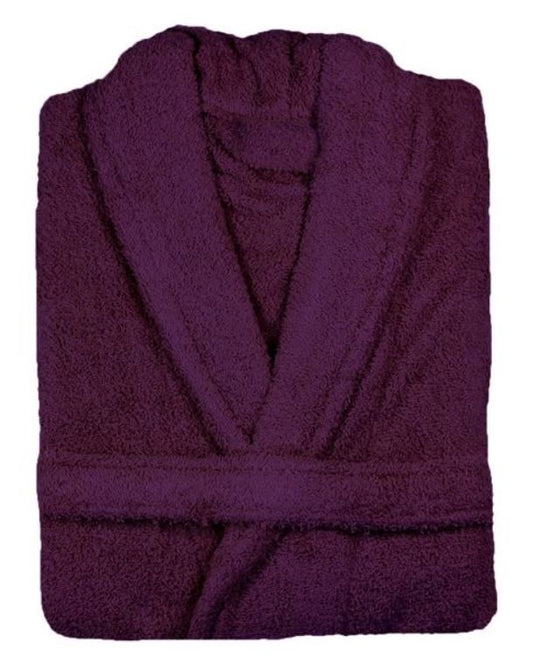 3/4 purple Egyptian cotton robe with a shawl collar and a tie waist.