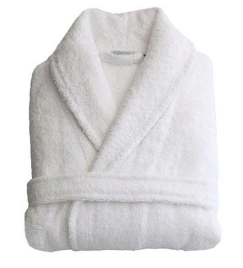 3/4 White Egyptian cotton robe with a shawl collar and tie waist.