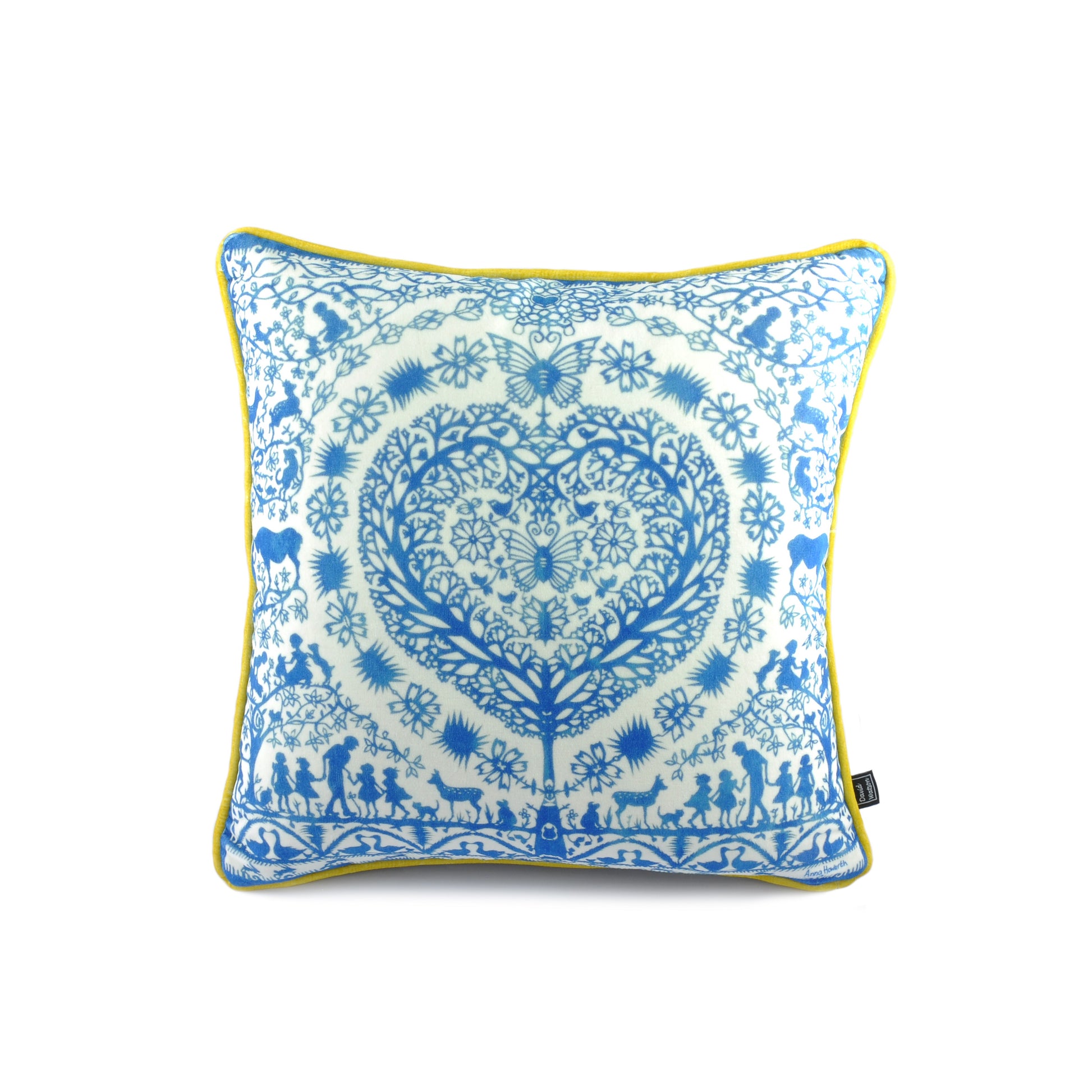 Luxury filled duck feather cushion with cotton velvet cover with an blue and white Anna Howarth design of intricate paper cutting design and piped edging.