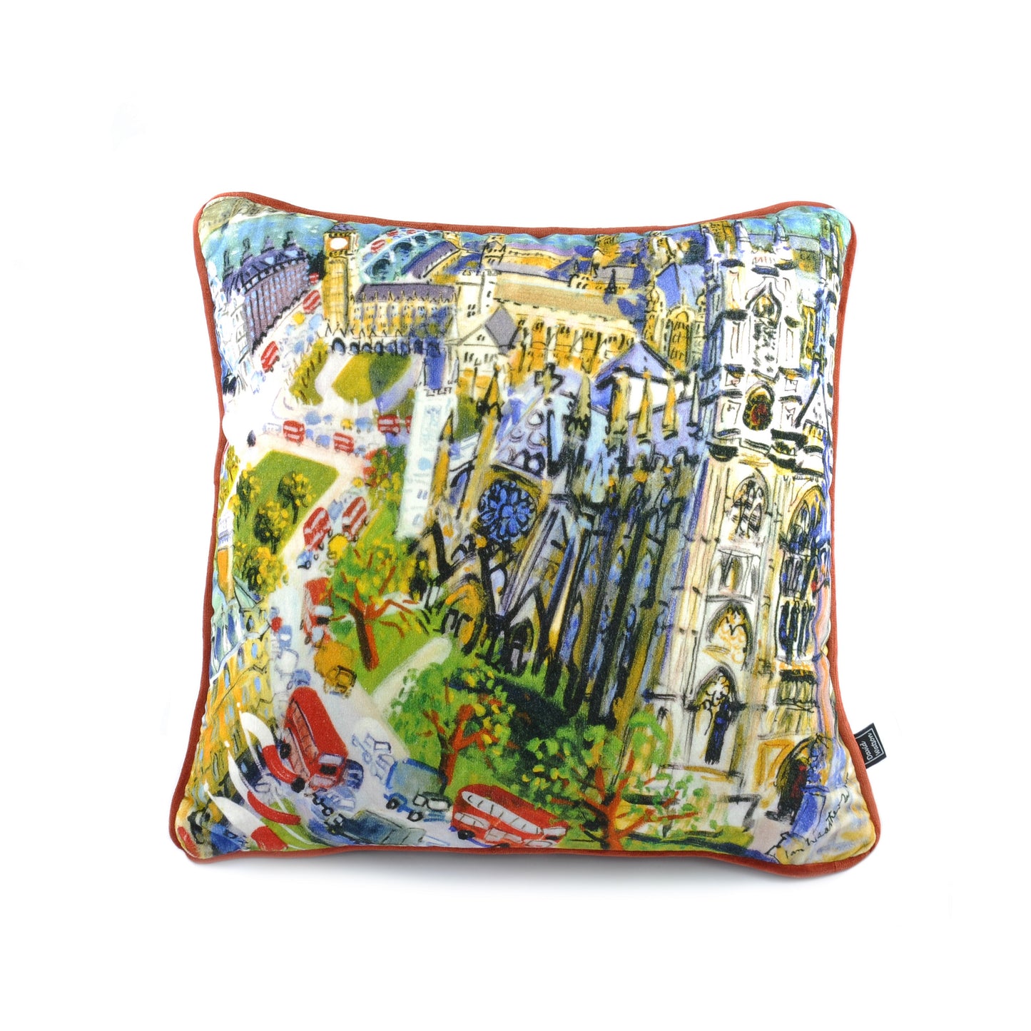 Luxury filled duck feather cushion with colourful London cotton velvet cover with Ian Weatherhead original artwork and piped edging.
