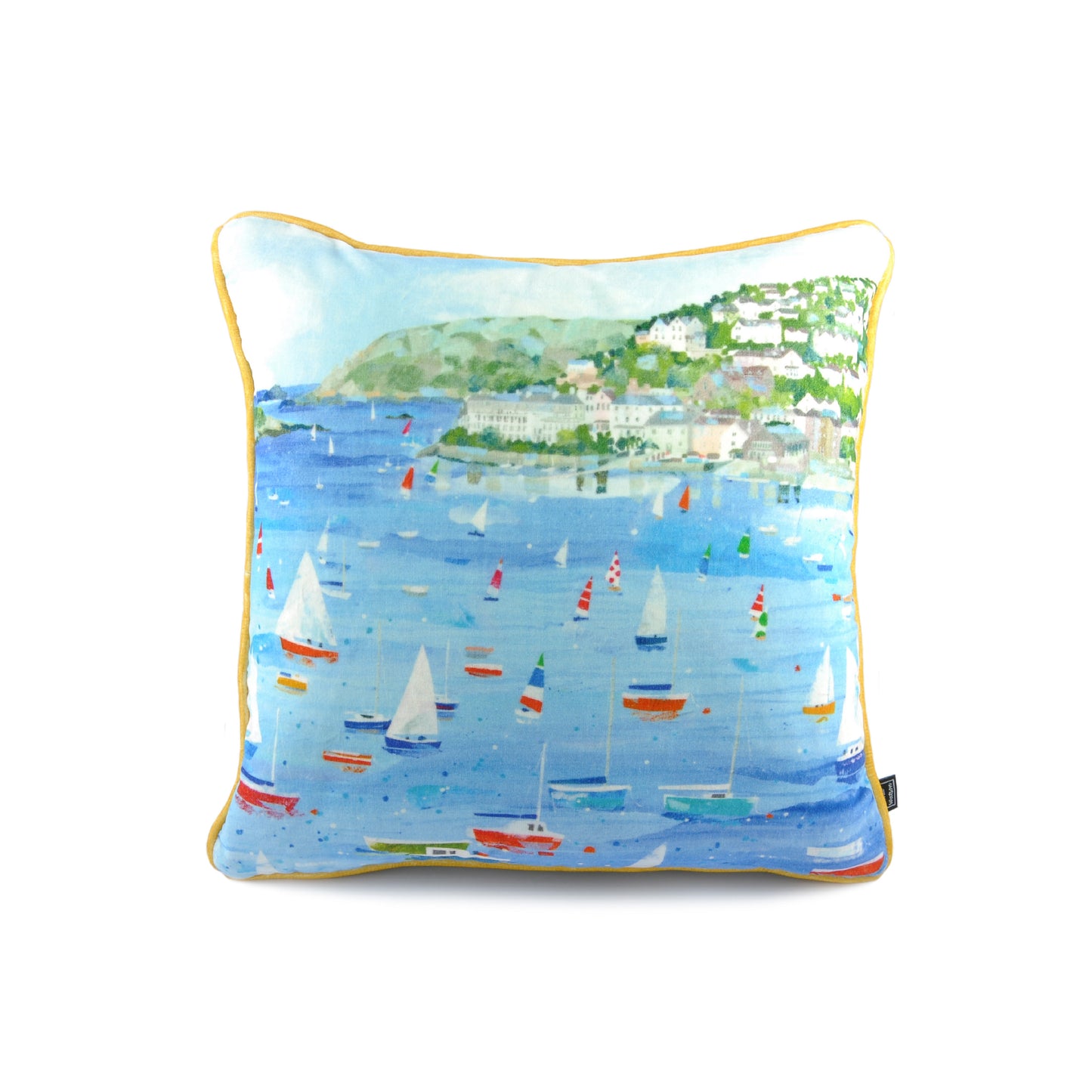 Luxury filled duck feather cushion with cotton velvet cover with original artwork by Claire Henley of sailing boats at Salcombe and contrasting yellow piped edging.