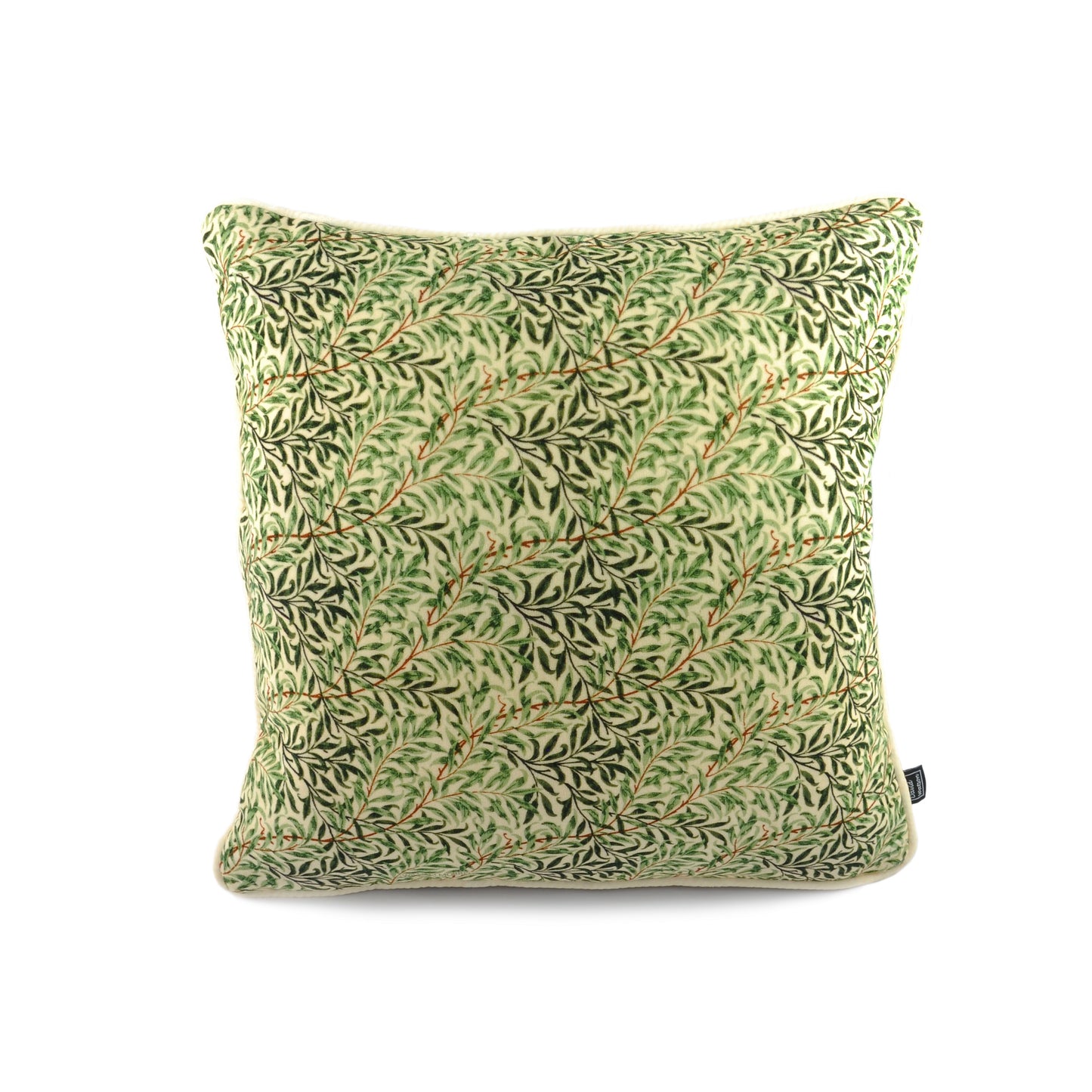 Luxury filled duck feather cushion with cotton velvet cover in William Morris Willow Bough design and piped edging.